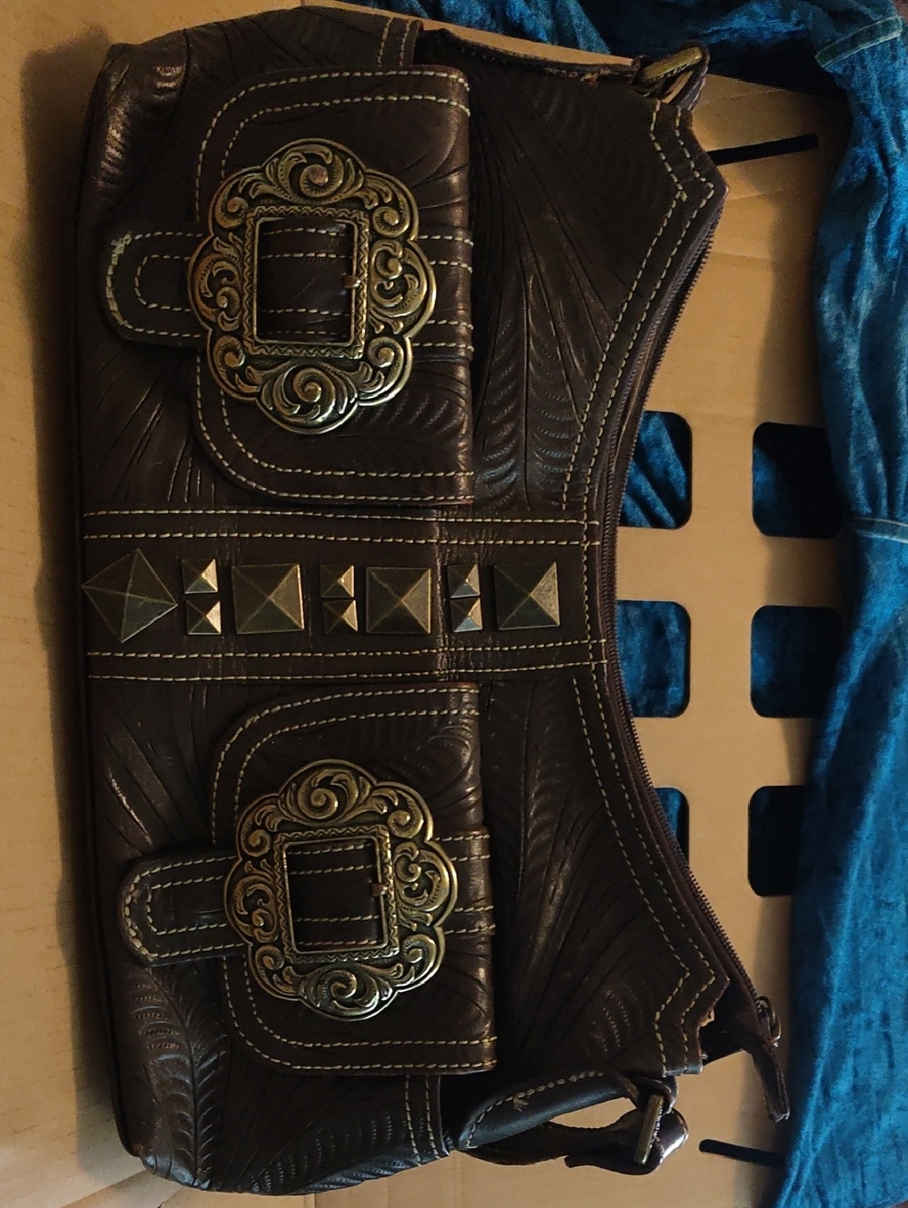 American West Brown Leather Shoulder Bag with Brass Buckles & Studs